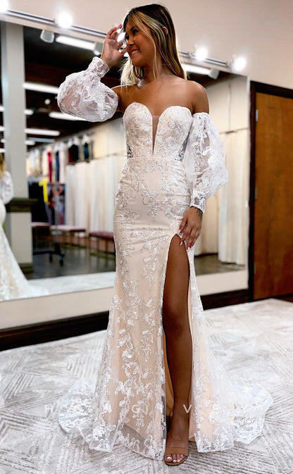 L0875 - Illusion Lace Strapless Sweetheart Puff Sleeves Gown