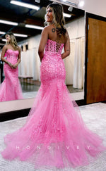 L0877 - Illusion Lace Applique Strapless Sweetheart Trumpet Dress