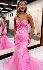 L0877 - Illusion Lace Applique Strapless Sweetheart Trumpet Dress