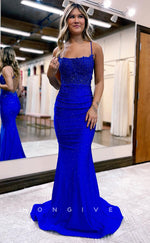 L0879 - Beaded Lace Spaghetti Strap Backless Mermaid Dress