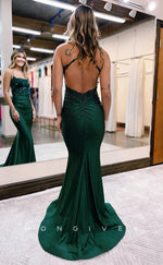 L0879 - Beaded Lace Spaghetti Strap Backless Mermaid Dress