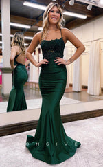 L0879 - Beaded Lace Spaghetti Strap Backless Mermaid Dress